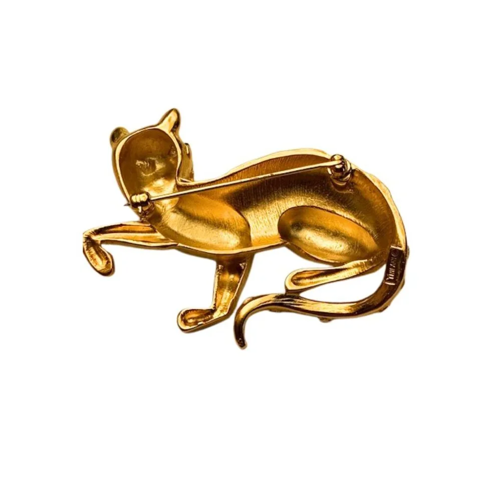 Vintage Crown Trifari Gold Leopard Cat Brooch with Box